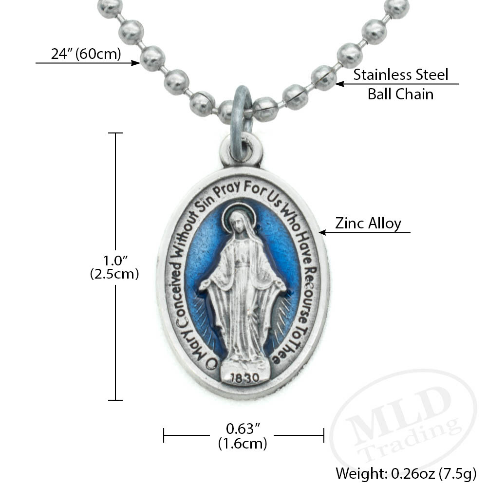 Blue Miraculous Medal Virgin Mary 1″ Pendant Necklace Italy w 24″ Ball Chain