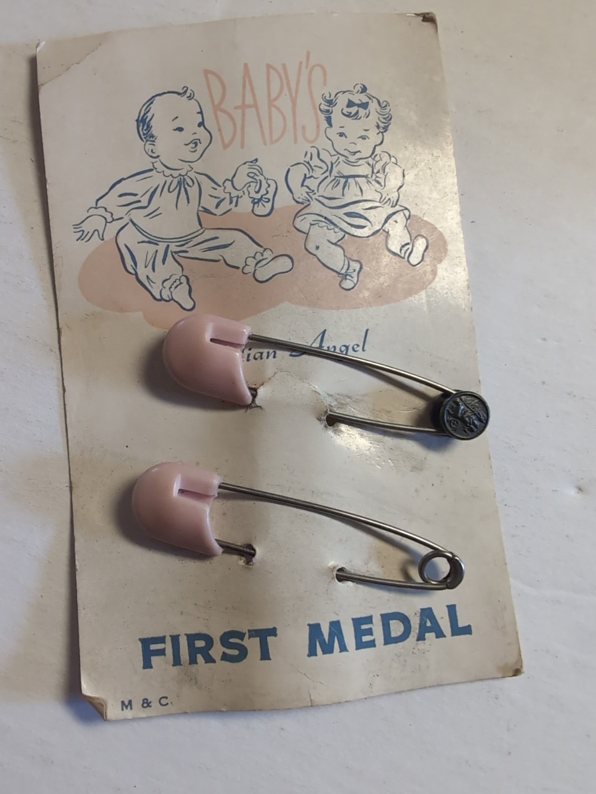 Vintage Baby’s First Medal Pink Silver Safety Pins