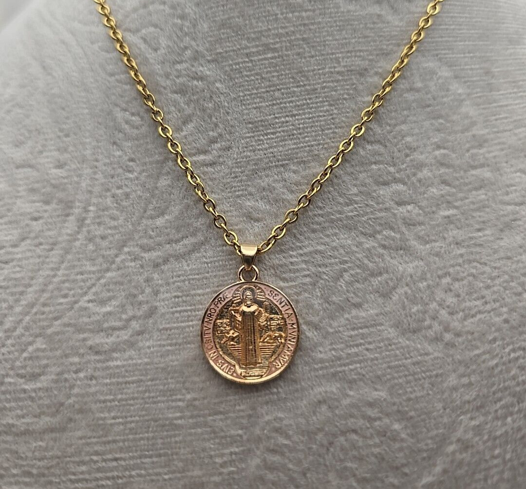 Pink Saint Benedict Medal Necklace 20″ Gold Plated Stainless Steel Catholic Gift