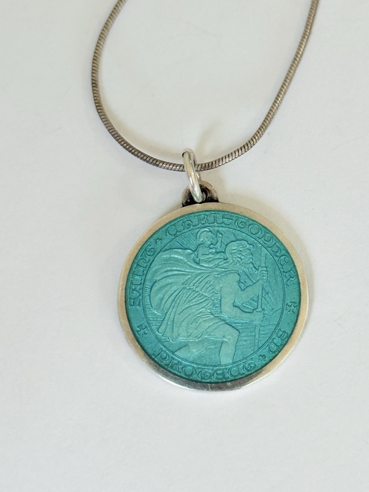 Charles Thomae St Christopher Sterling Silver Blue Enamel Medal Pendant Necklace
