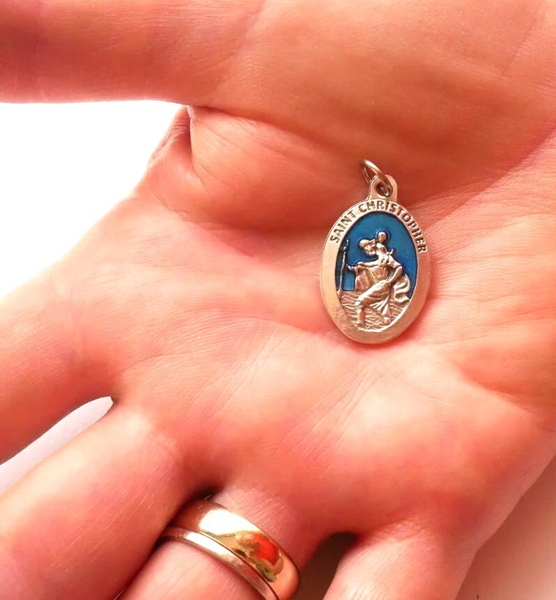 Saint Christopher 7/8″ x 5/8″ Silver Tone / Blue Medal