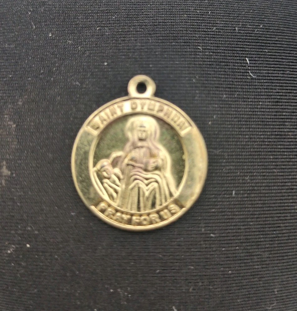 Vintage Gold Tone St Saint Dymphna Medal Pendant 1″