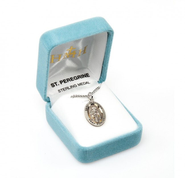 St. Peregrine Sterling Silver Oval 1.1″ Medal, Gift Box, 24″ Chain, US Made