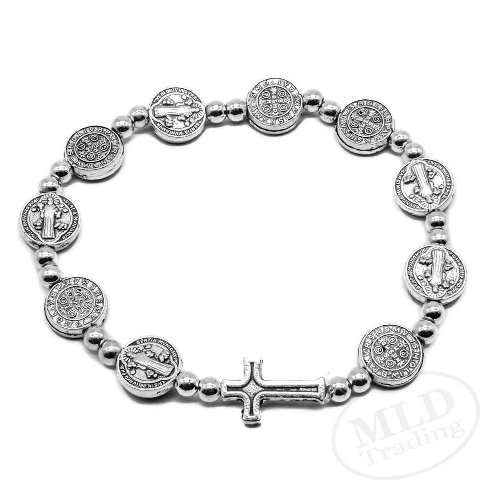 Silver Saint St Benedict Medal Cross Rosary Bracelet Pulsera De San Benito