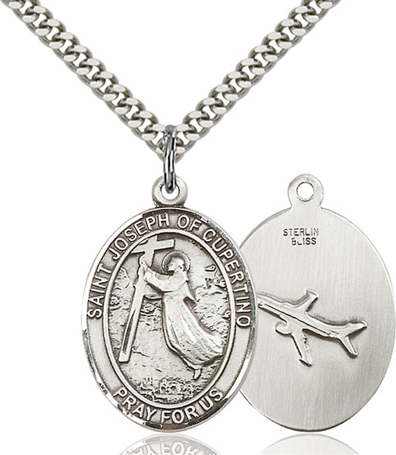 Sterling Silver St Joseph of Cupertino Medal Pendant Necklace 24” Chain w/ Box