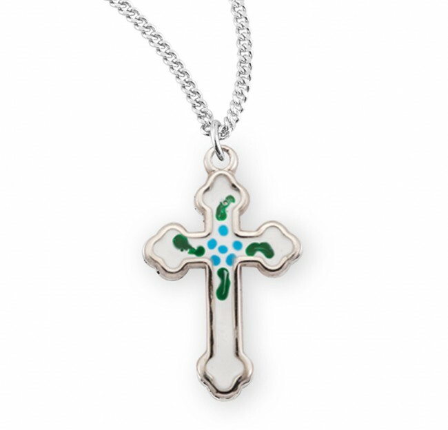 Sterling Silver Budded Latin Style Enamel 0.8″ Cross, 18″ Chain, US Made, Boxed
