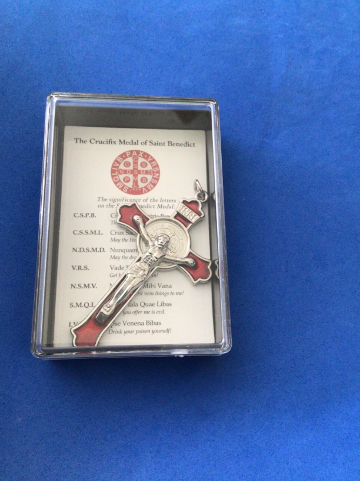 St BENEDICT Crucifix Cross Red Enamel 3” Silver Tone Metal Saint Gift Box