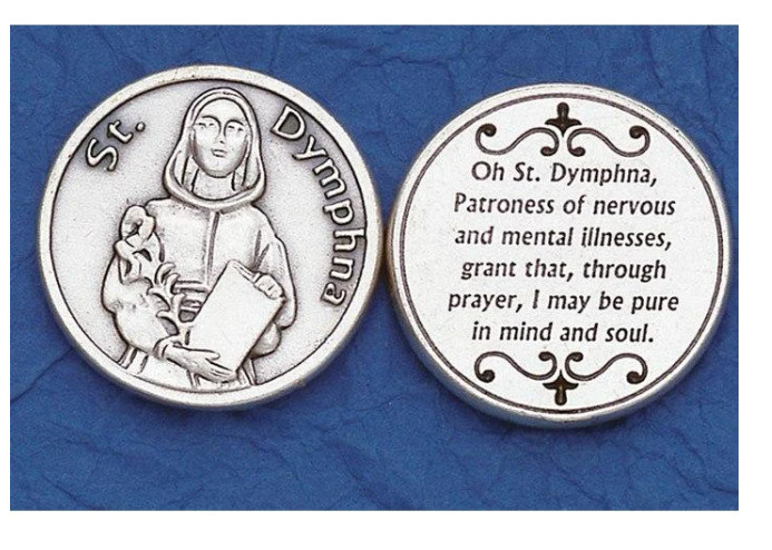St Dymphna + Prayer to Saint Dymphna – Silver tone Pocket Coin