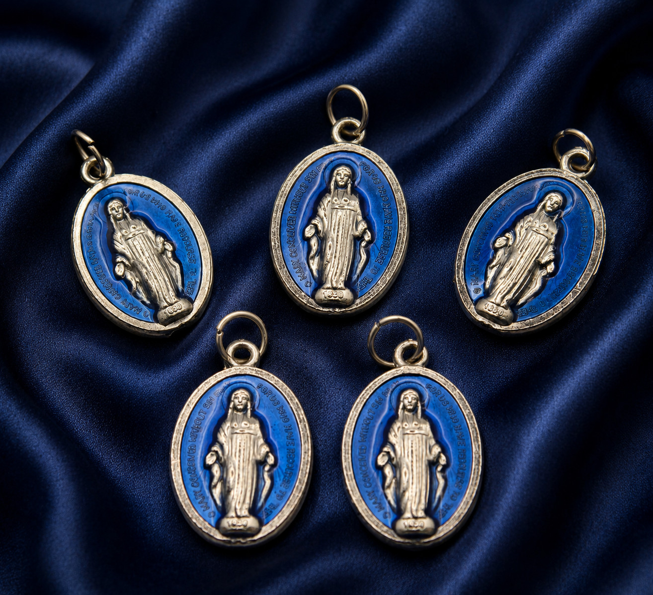 Zinc Alloy Blue Enamel Catholic Miraculous Medal w/ Jump Ring – Lot of 5