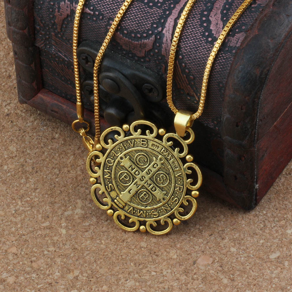 Gold Saint St Benedict Medal Filigree Border Pendant Necklace – 24″ Box Chain