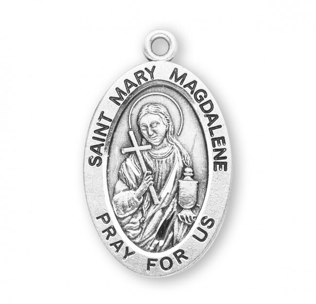 St. Mary Magdalene Sterling Oval 0.9″ Medal, Velvet Gift Box, 18″ Chn, US Made