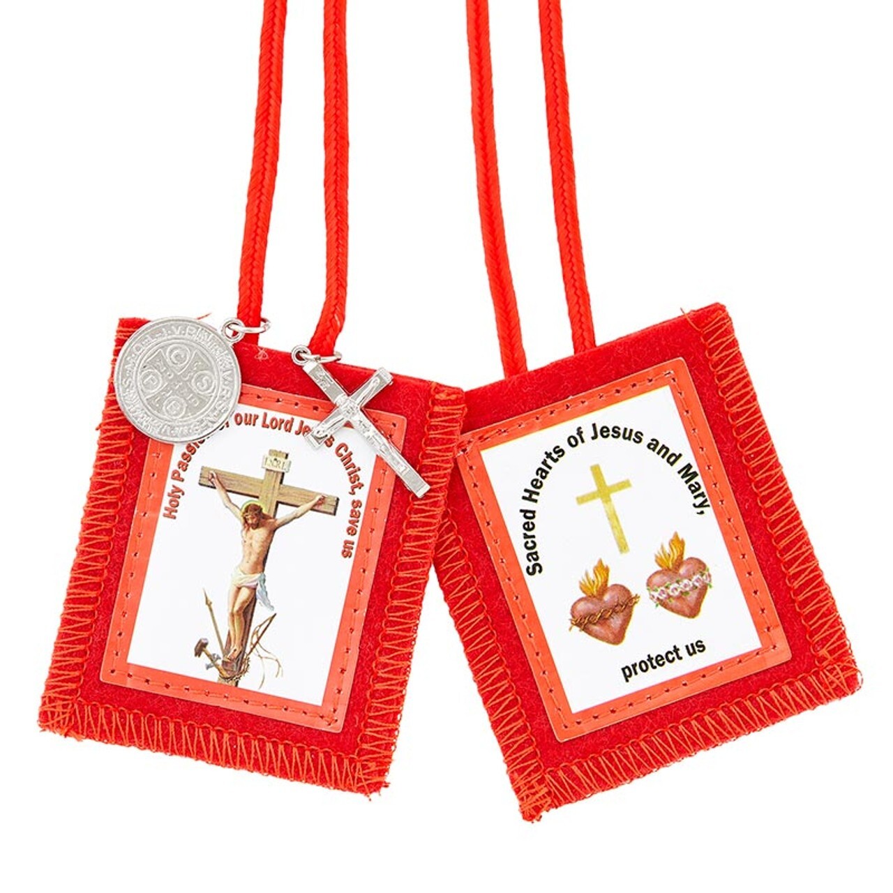 SET OF 2 Passion Red Scapulars with Medals Sacred Immaculate Hearts Catholic