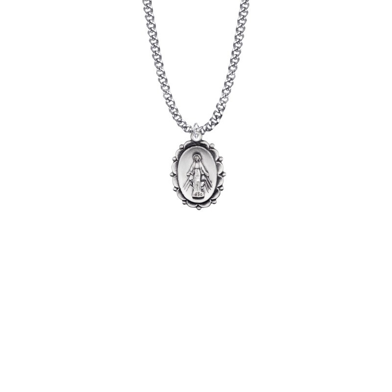 925 Sterling Silver Oval Antiqued Miraculous Medal Mary Pendant Necklace