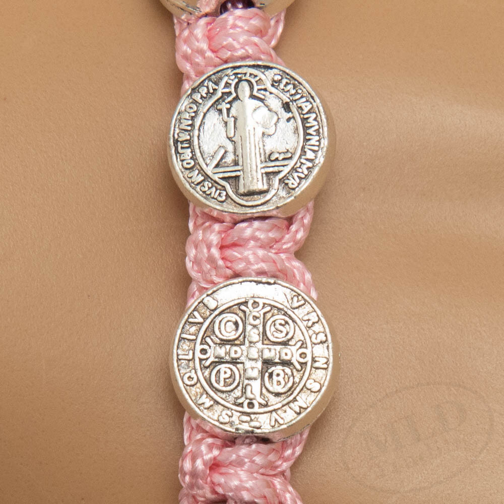 Pink Macrame Saint St Benedict Medal Cord Bracelet – Adjustable, 10 Medals