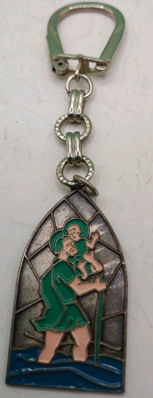 Vtg St. Christopher Travel Patron Saint Keychain Key Ring Made in Italy 4.5″ L