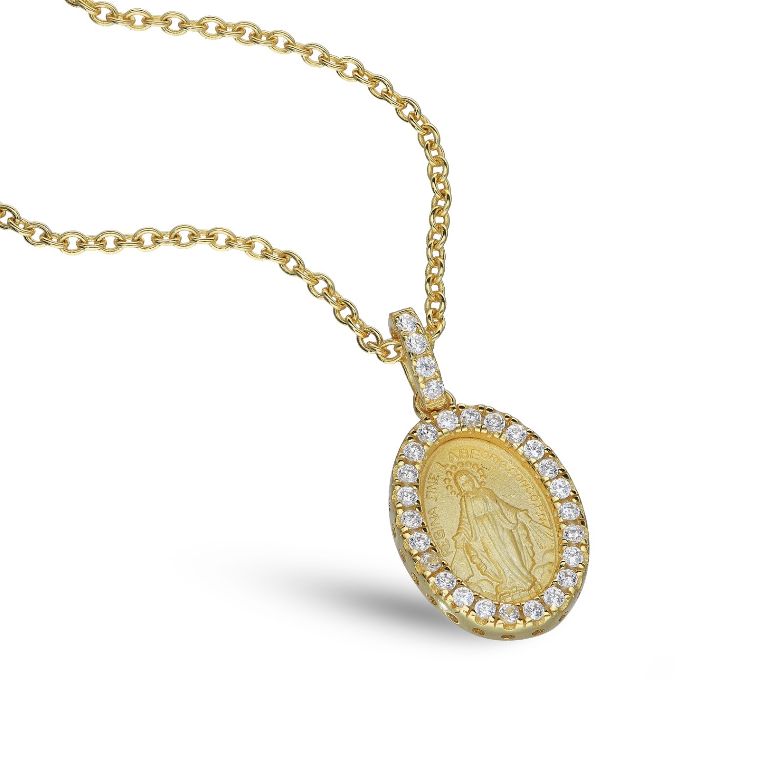 Miraculous Medal Pendent Necklace 18k Gold plated Silver CZ Virgin Mother Mary