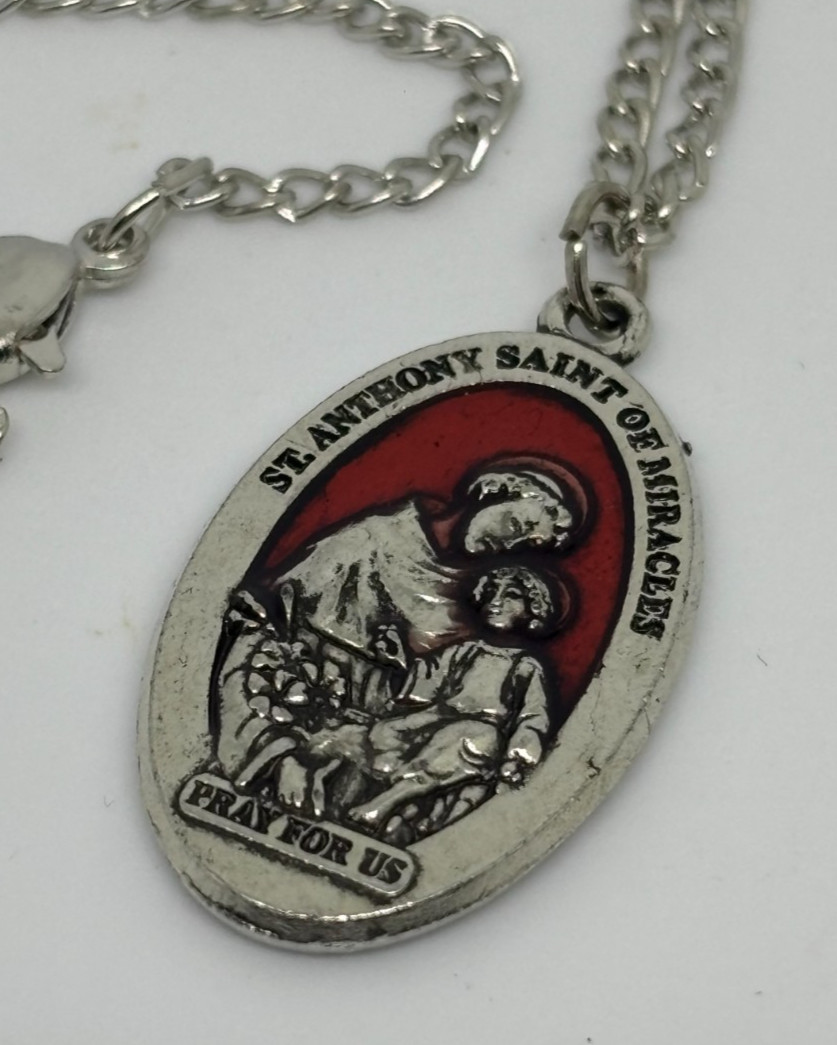 Vintage Catholic Red Enamel St Anthony Medal Pendant Pray For Us Necklace 20″