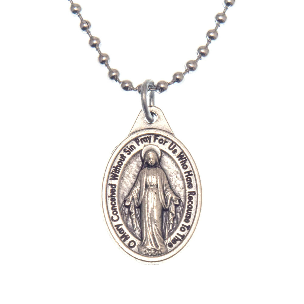 Miraculous Medal Virgin Mary Pendant Necklace 24″ Chain Italy Silver Tone Alloy