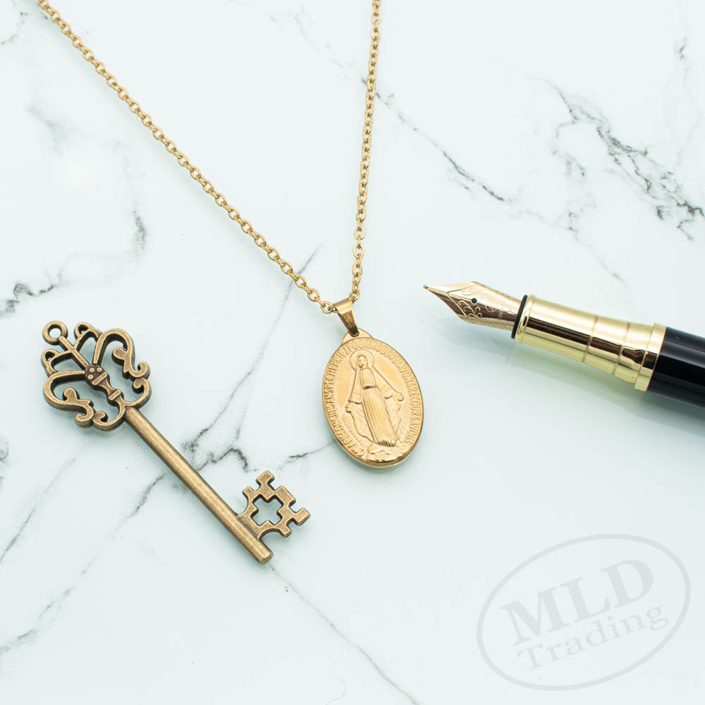 Gold Miraculous Medal Necklace – Stainless Steel Catholic Pendant 18″+2″ Chain
