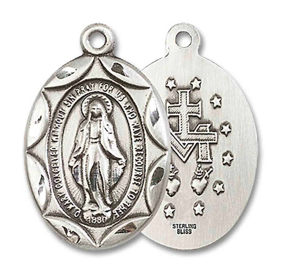 Sterling Silver Catholic Miraculous Mary Medal Oval Pendant Necklace 24″ GiftBox