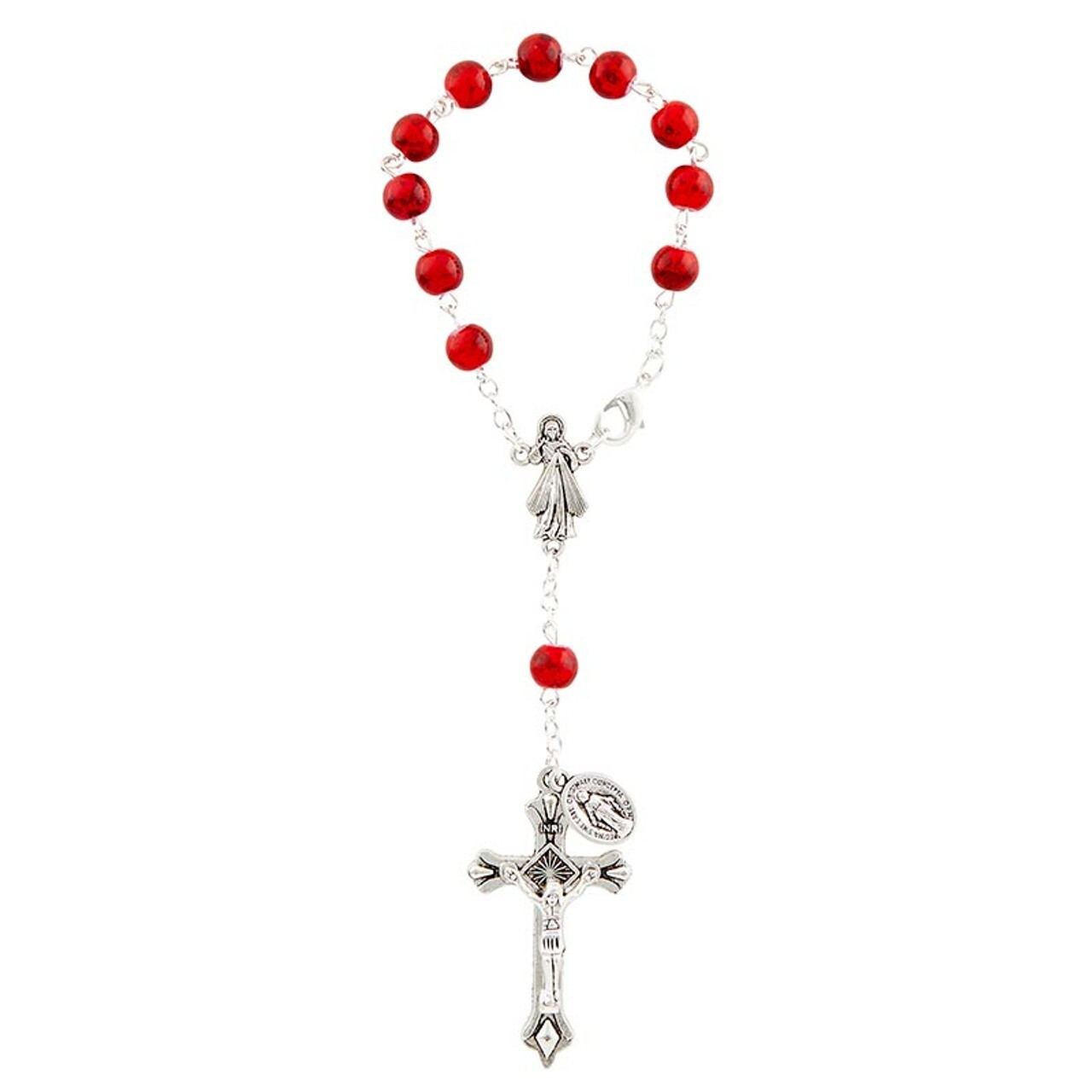 Divine Mercy Auto Rosary – Red Beads – Silver metal