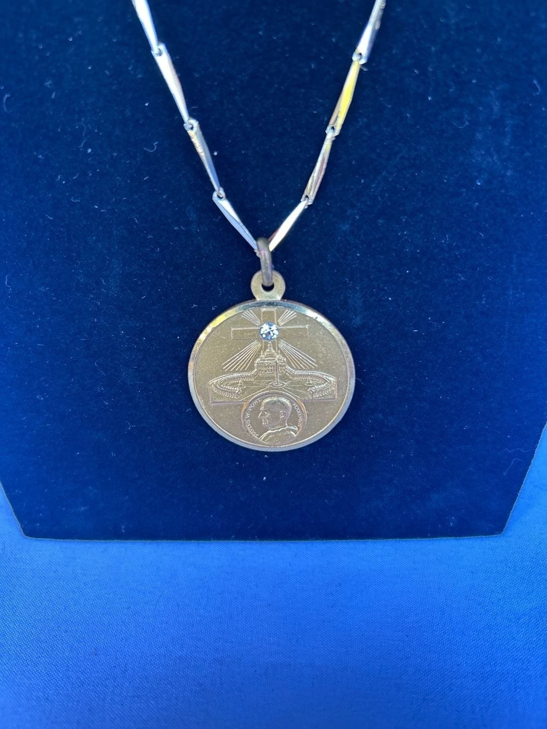Vintage Pope Paul VI Religious Medal Necklace, Gold Tone Rhinestone Devotional P