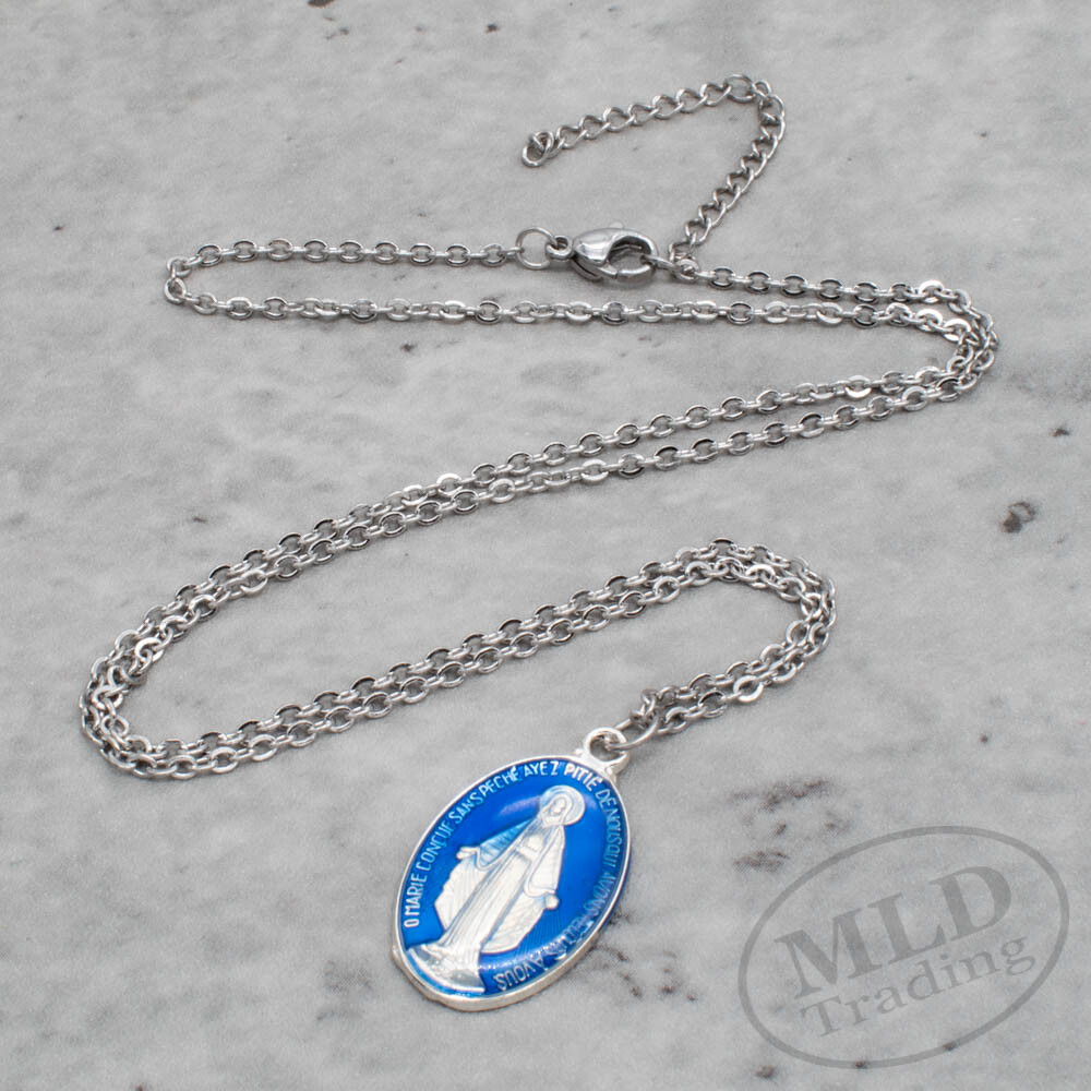 Stainless Steel Virgin Mary 1 Inch Blue Miraculous Medal Pendant Necklace Womens