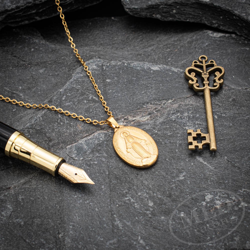 Gold Miraculous Medal Necklace – Stainless Steel Catholic Pendant 18″+2″ Chain