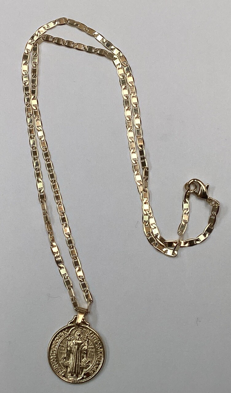 MEDALLA Y CADENA SAN BENITO BAÑO DE ORO 14K; 14k GOLD PLATED MEDAL ST BENEDICT