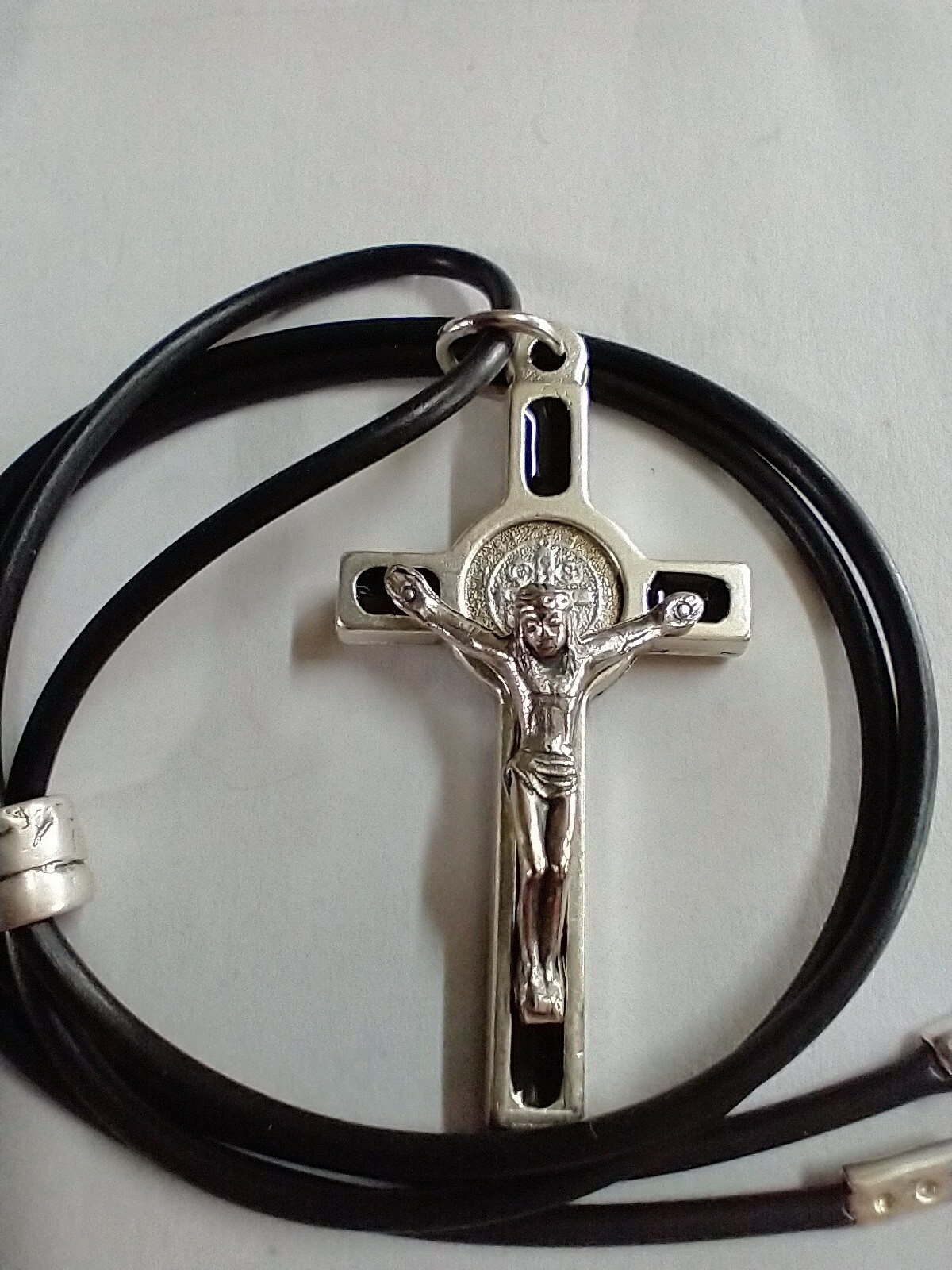 Catholic 1.5″ St Benedict Enamel Cross Crucifix Italy 20″ Poly Cord Necklace