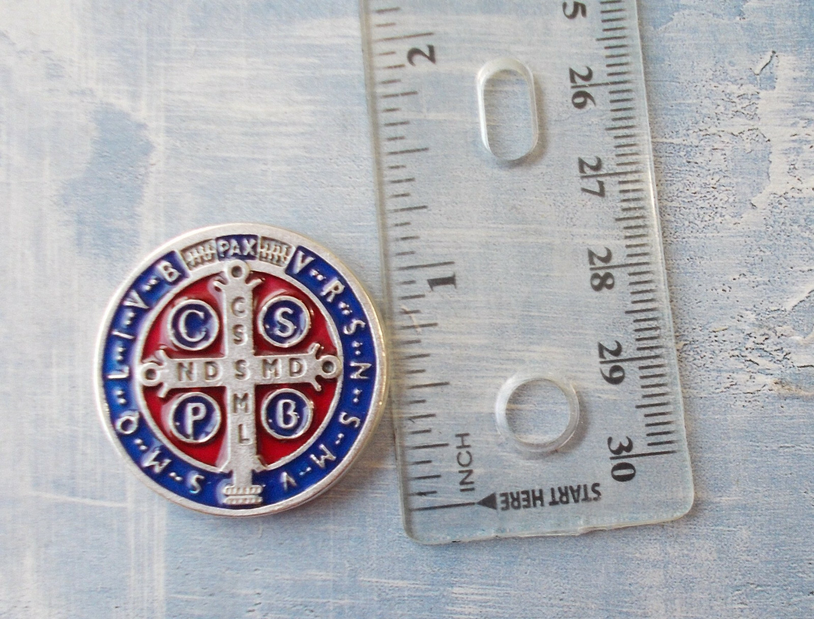 Rare St Benedict Pocket Token Protection 1-1/8″ Saint Medal ENAMEL Red/Blue