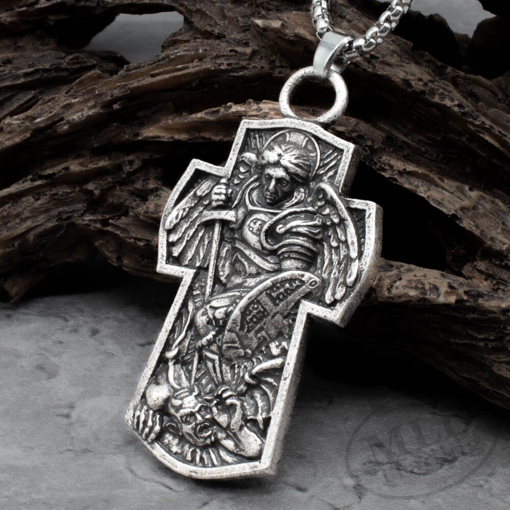 Archangel Patron Saint St Michael Battle Cross Pendant Necklace w 24″ Chain