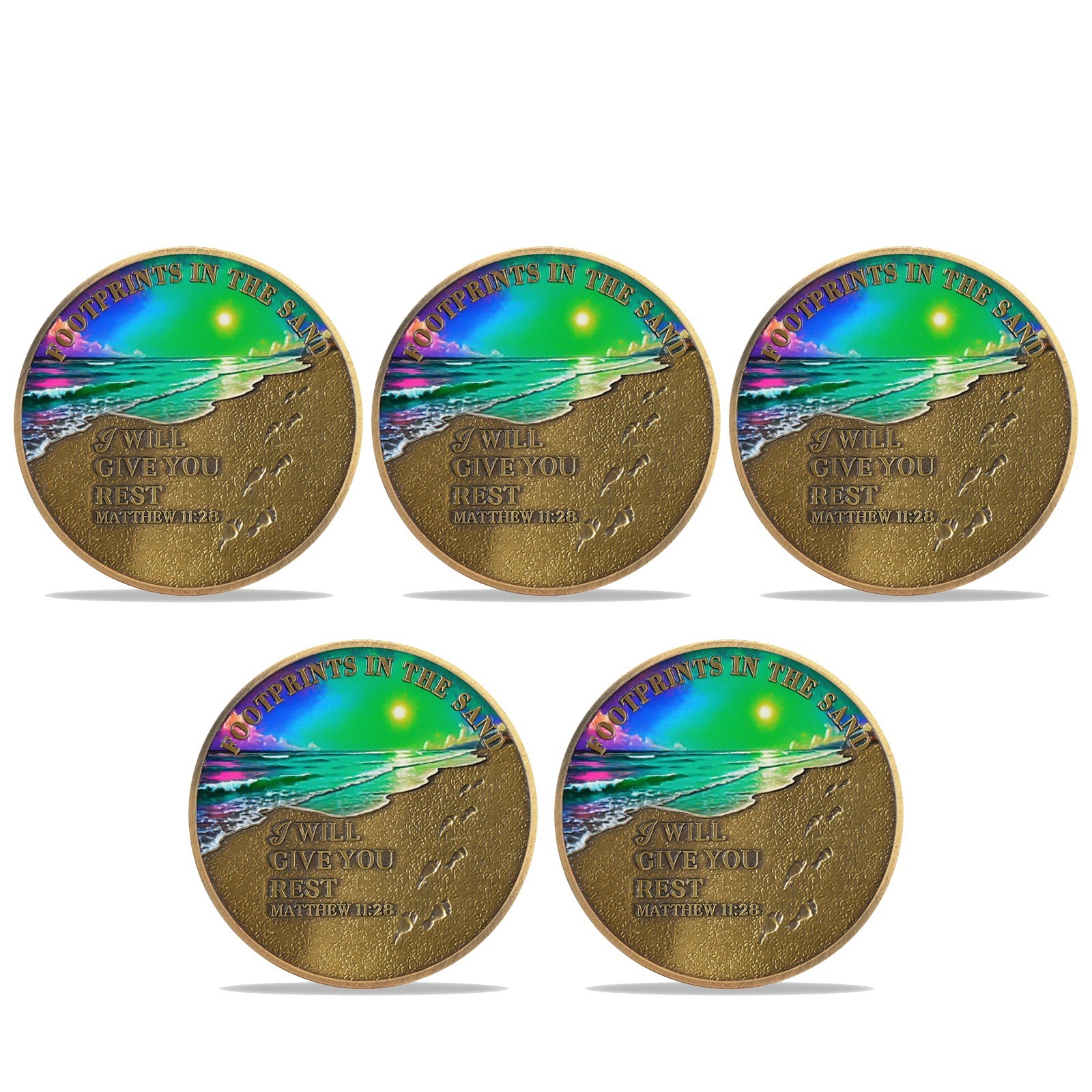 5pcs Inspirational Christian Coin Footprint In The Sand Matthew 11:28 Verse Coin