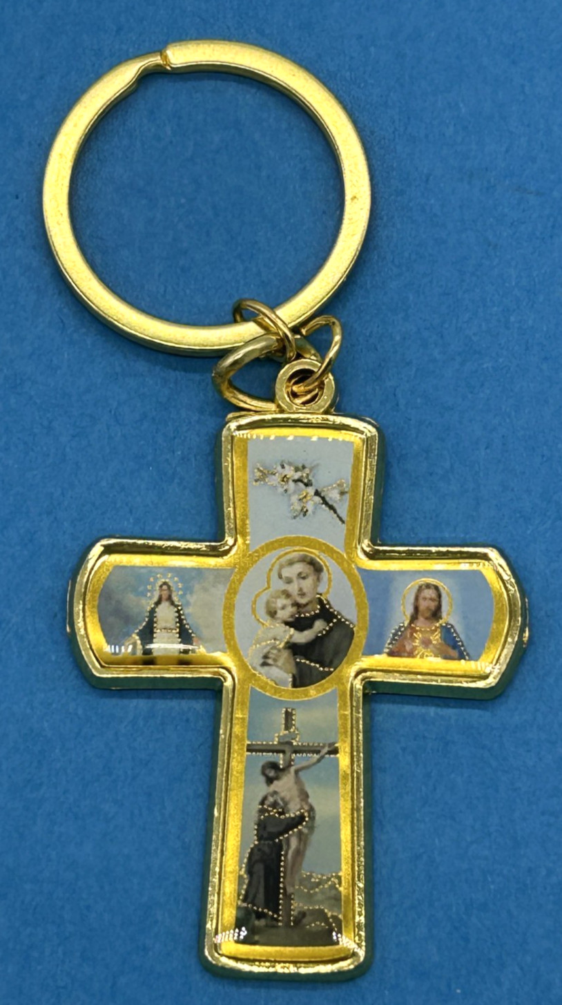 Vintage Saint Anthony Virgin Mary Jesus Cross Keychain Gold Toned Christianity