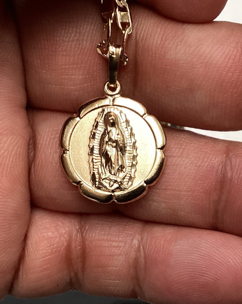 14K Gold Plated Medal And Chain Of Guadalupe And St Jude 3D. Necklace San Judas