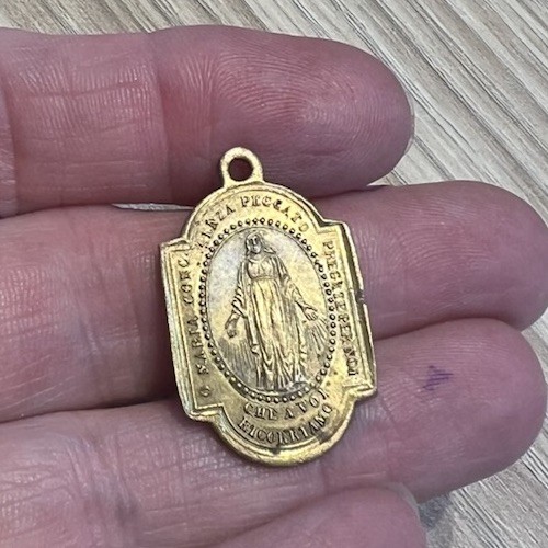Antique Italian Medal Saint Pope Pius X Tenth Mary miraculous brass gold Pendant