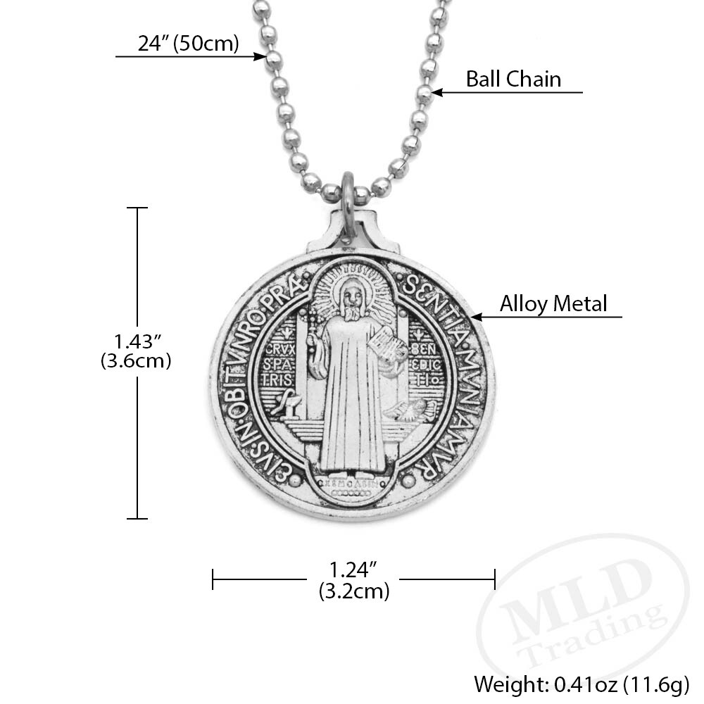 Saint St Benedict Medal Pendant Necklace 24″ Ball Chain Vintage Alloy Protection