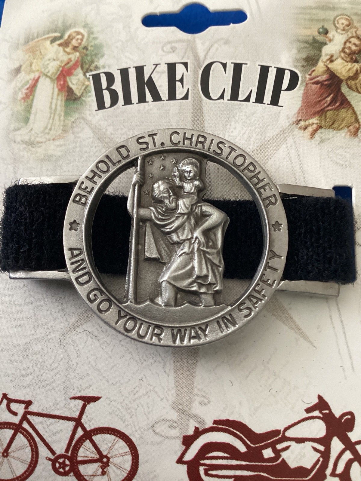 St CHRISTOPHER Bike Clip Protection Medal Hook and Loop Made USA Saint #3 Pewter