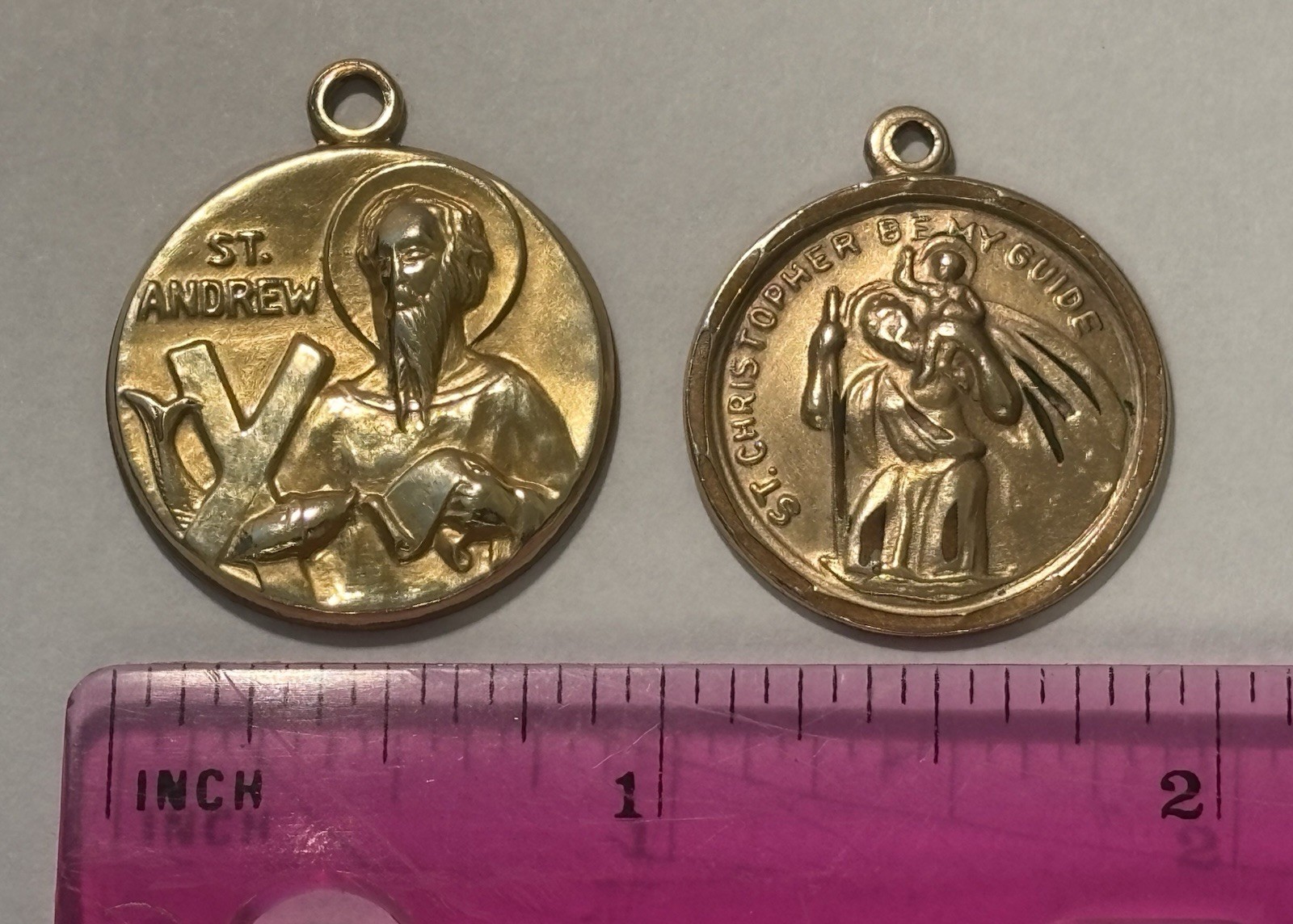 2 Religious Medals, 12k G.F., St. Andrew/Fisherman & St. Christopher/Traveller