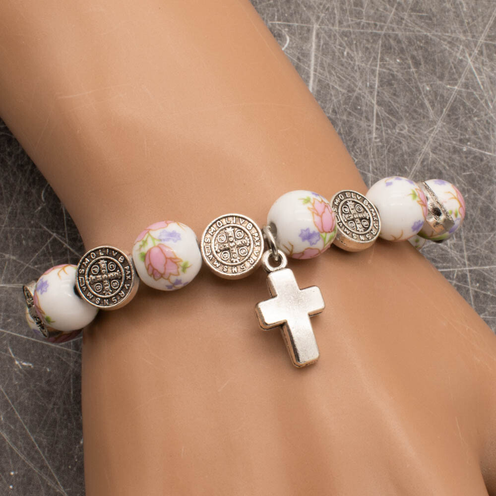 Cute Flower Ceramic Beads Cross Pendant Saint St Benedict Medal Stretch Bracelet