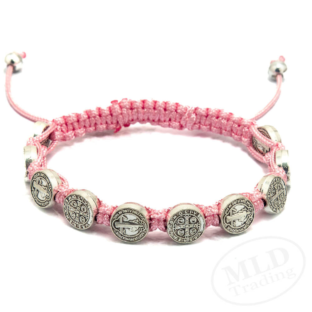Pink Macrame Saint St Benedict Medal Cord Bracelet – Adjustable, 10 Medals