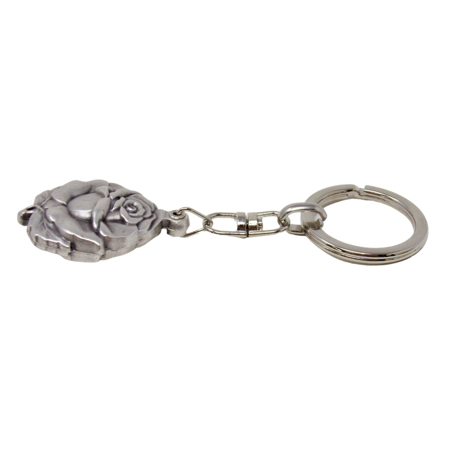 Silver Tone Sacred and Immaculate Hearts Epoxy Image Rosebud Key Chain 3 1/2 In