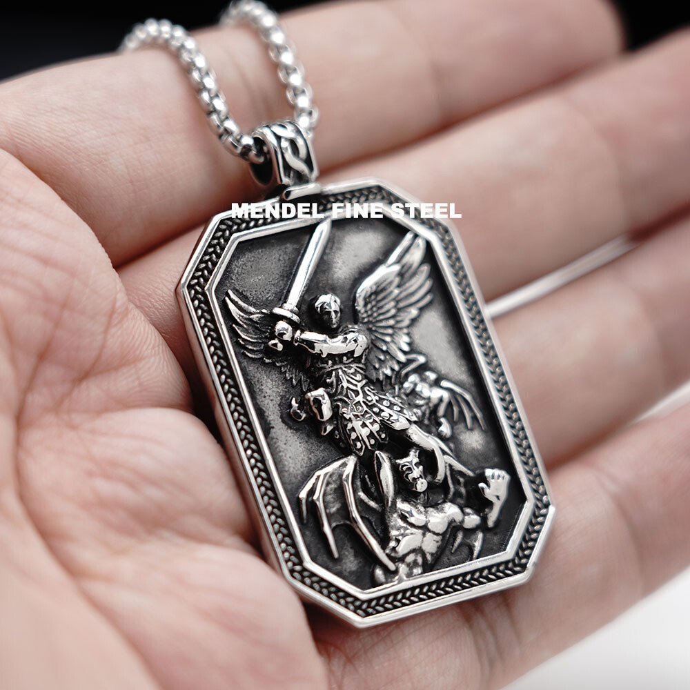 MENDEL Mens Catholic Christian Saint St Michael Medal Medallion Pendant Necklace