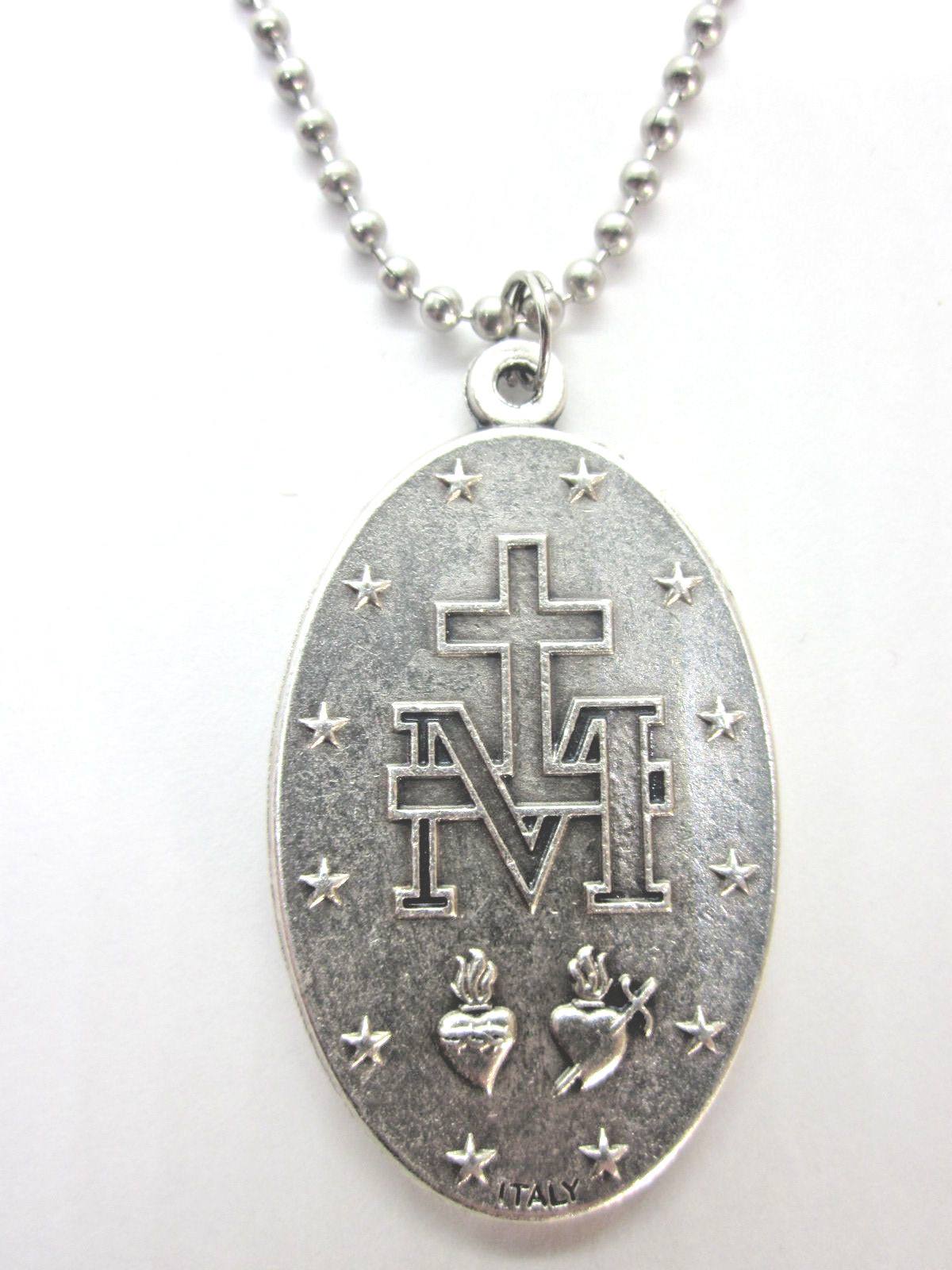 XL English Miraculous Medal 1 3/4″ Italy Pendant Necklace 24″ Ball Chain