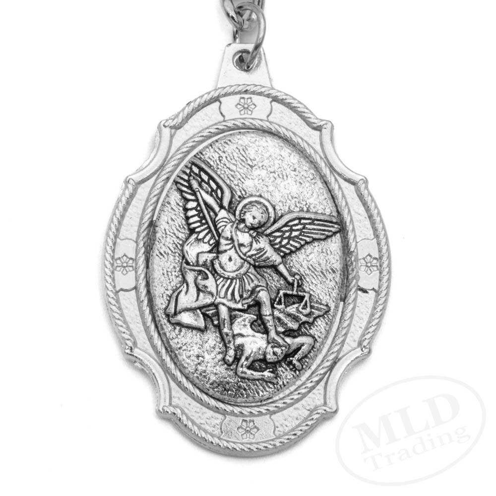St Michael Medal Keychain Large Silver Pendant Zinc Alloy Religious Key Ring