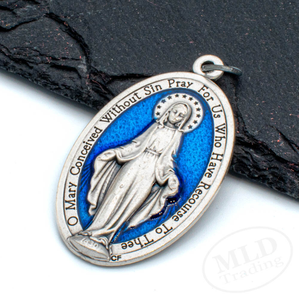 Miraculous Medal Pendant Large 1.75″ Silver Oxidized w Blue Enamel Made In Italy