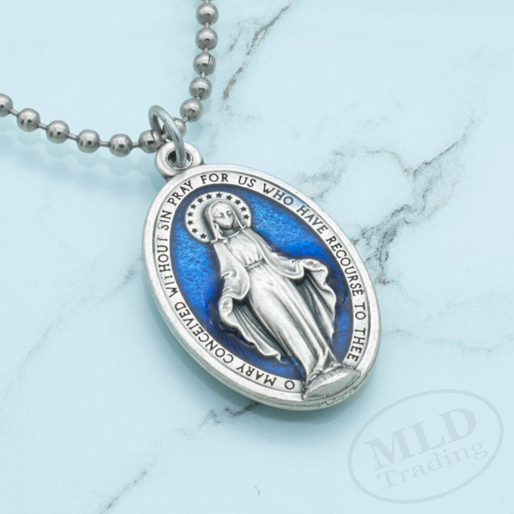 Miraculous Medal Necklace Catholic Virgin Mary 1.5″ Blue Pendant Made In Italy