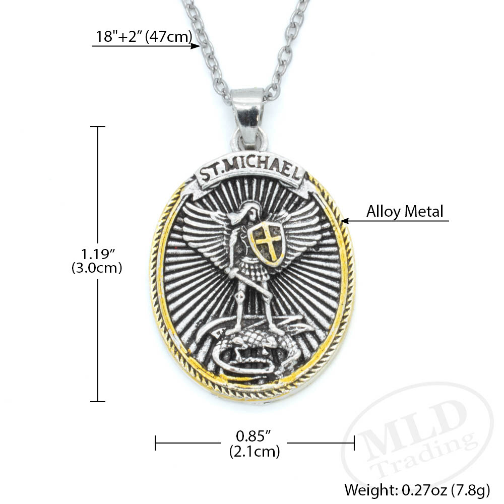 Saint St Michael Pendant Necklace, Oval Silver-Gold, 18″ Chain, Ephesians 6:10