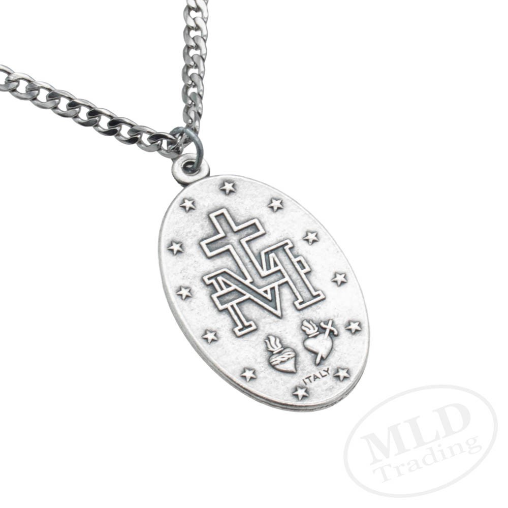 Large 1 3/4″ Blue Miraculous Medal Mary Pendant Necklace Italy w 24″ Curb Chain