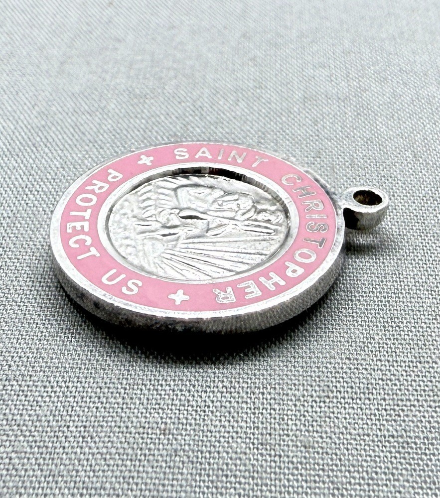 Vintage St Christopher Surfer Medal Pendant Pink Enamel Surf Silvertone 3/4″
